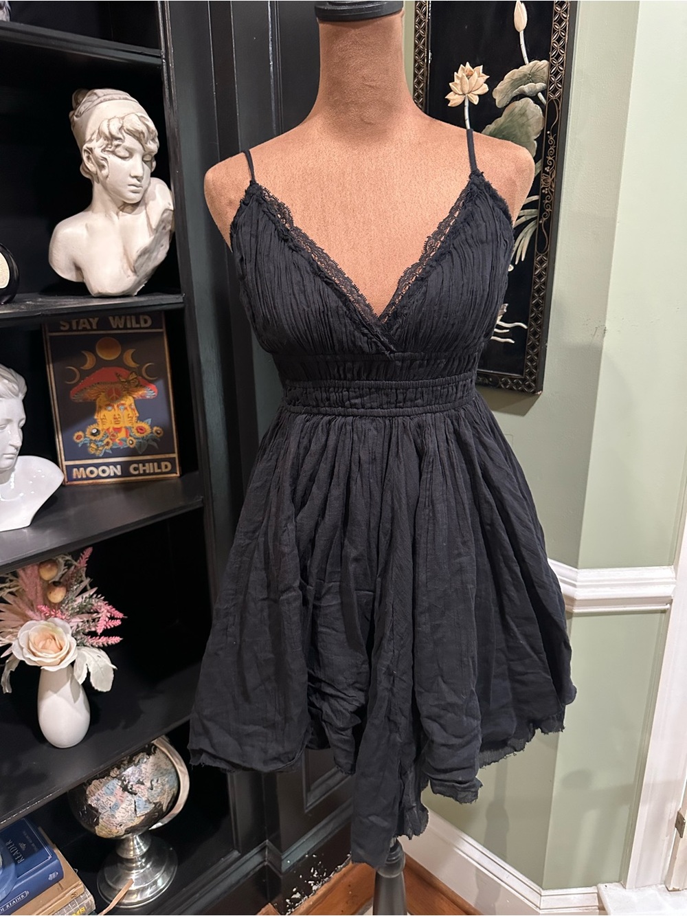 Free People FP One Delia Black Lace Trim Slip Dress XS